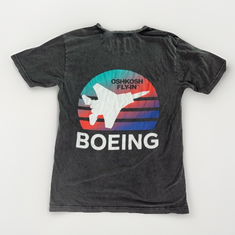 Oshkosh Boeing T Shirt Mens Small Gray Washed Graphic Tee Fighter‎ Jet Fly-In